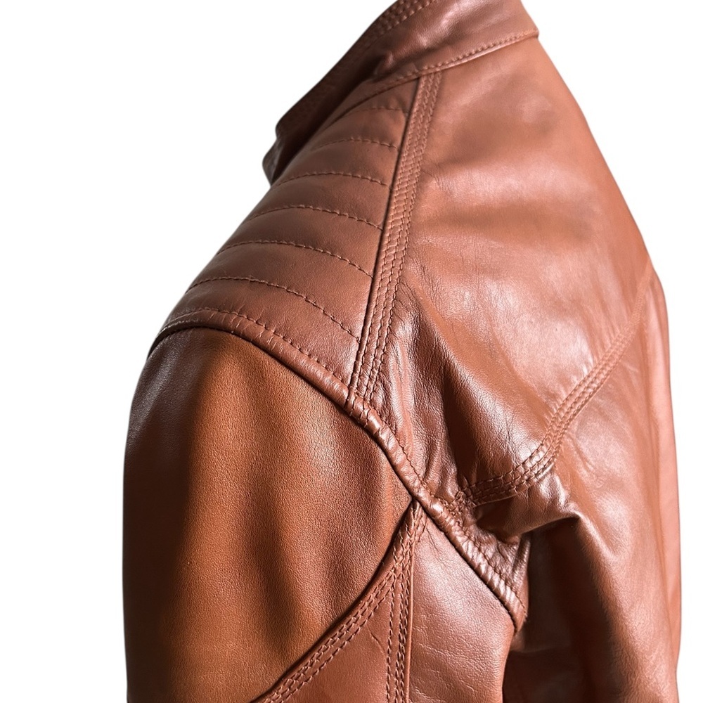 Zara Unisex Biker Leather Jacket – Tan/Cognac, Size Small Like New - Picture 7 of 14
